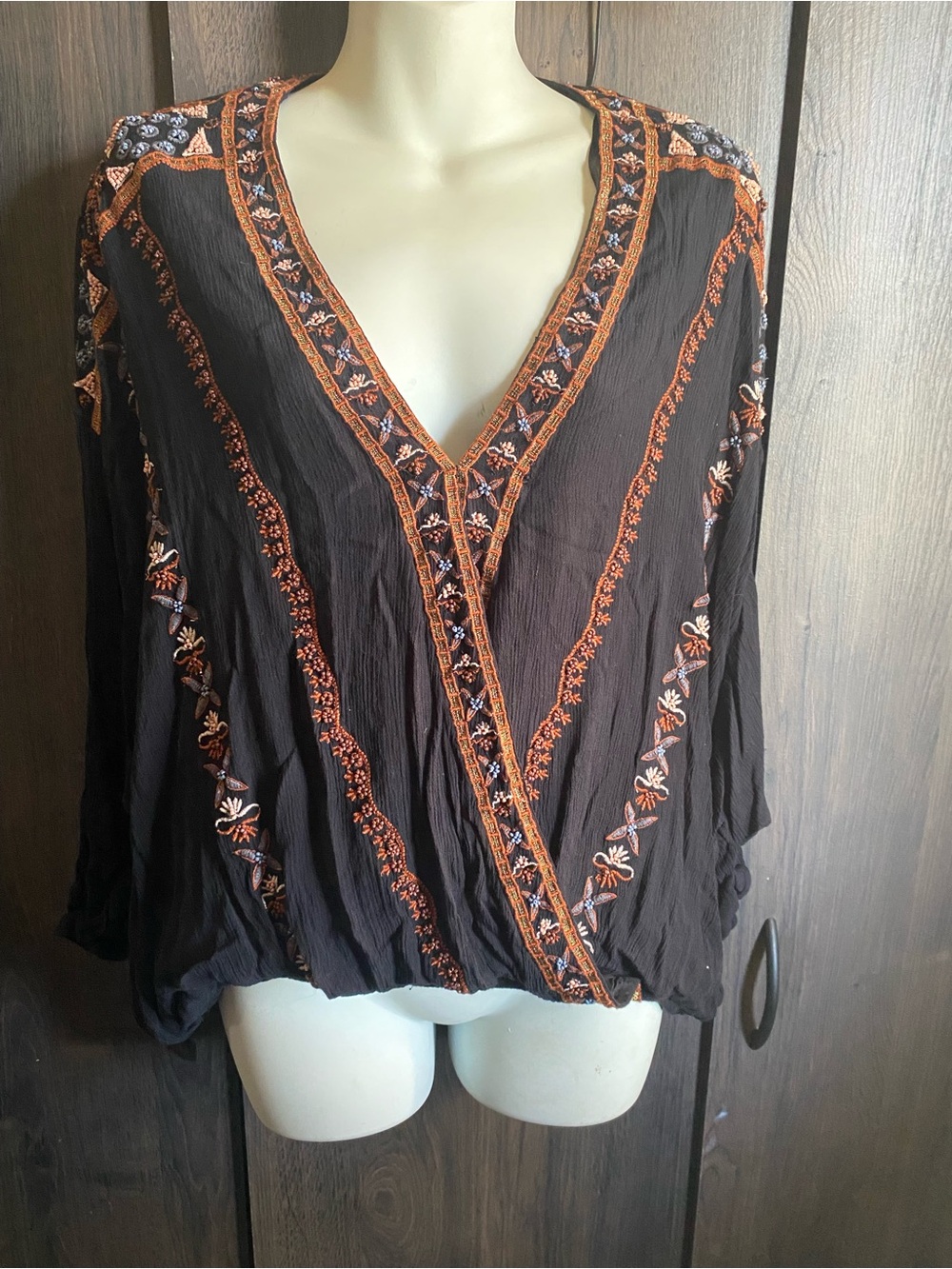 Free People Black V-Neck Embroidered Blouse with Rust Accents